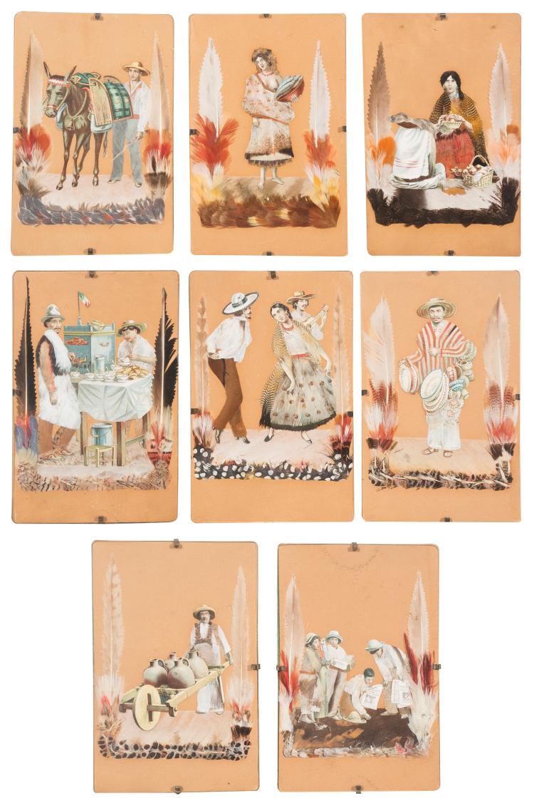 Arte plumario. Conjunto de ocho cuadros ralizados con plumas y óleo sobre cartón. Taller colonial. México. Siglo XIX.