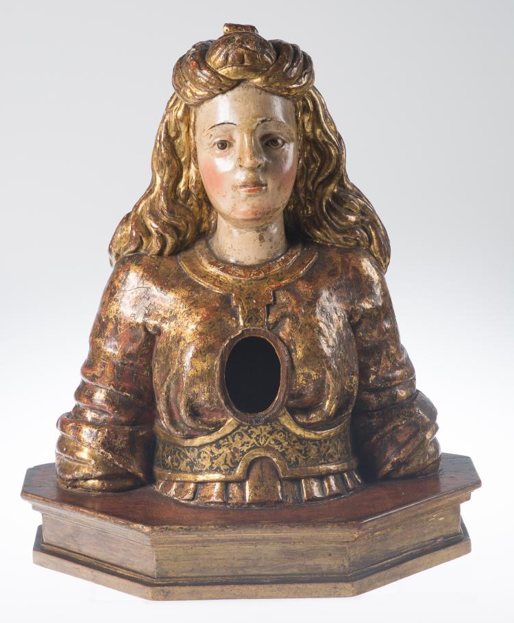 Busto relicario. Escultura en madera tallada, dorada, estofada y policromada. Escuela española. Siglo XVI.