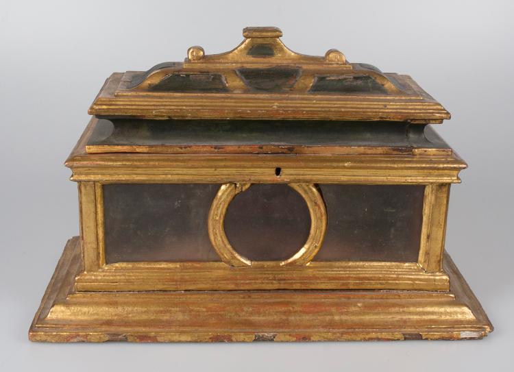Urna relicario en madera tallada, dorada y policromada. Renacimiento español. Siglo XVI.