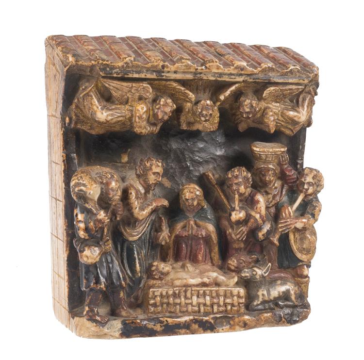 Magnífico relieve en piedra de Huamanga esculpida, con restos de policromía y dorado. Trabajo Virreinal. Ayacucho Perú. Siglos XVII - XVIII.