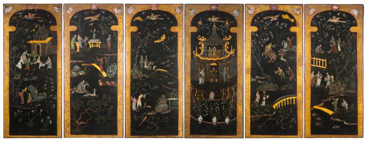 Conjunto de seis maravillosos paneles de biombo. Escuela colonial. México. Principios del siglo XVIII.